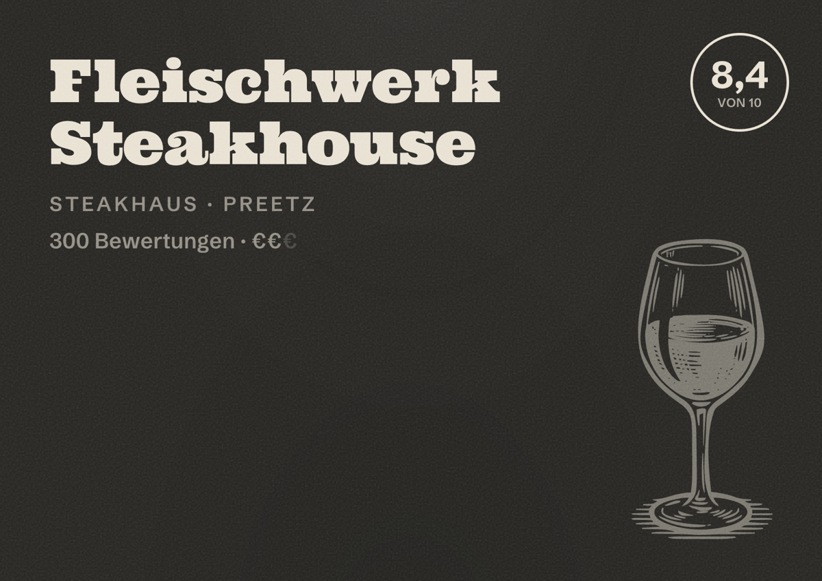 Illustriertes Poster von Fleischwerk Steakhouse, Steakhaus in Preetz: Bewertung 8,4 von 10 aus 300 Bewertungen, Preisniveau €€