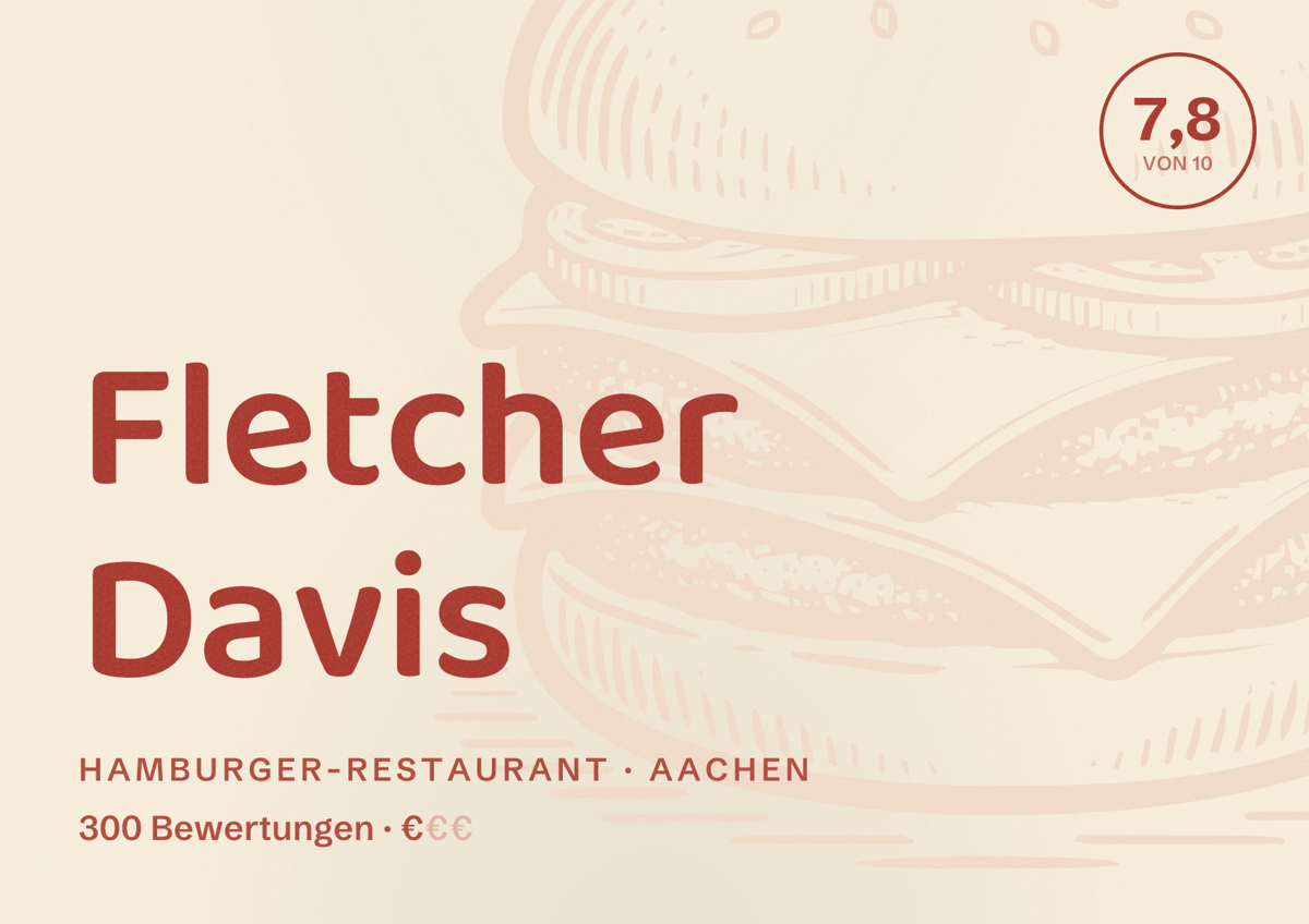Illustriertes Poster von Fletcher Davis, Hamburger-Restaurant in Aachen: Bewertung 7,8 von 10 aus 300 Bewertungen, Preisniveau €