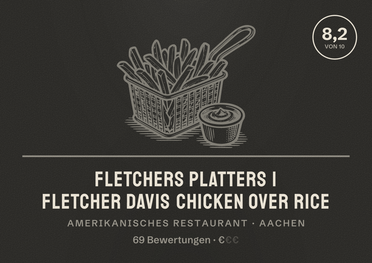 Illustriertes Poster von Fletchers Platters | Fletcher Davis Chicken Over Rice, Amerikanisches Restaurant in Aachen: Bewertung 8,2 von 10 aus 69 Bewertungen, Preisniveau €