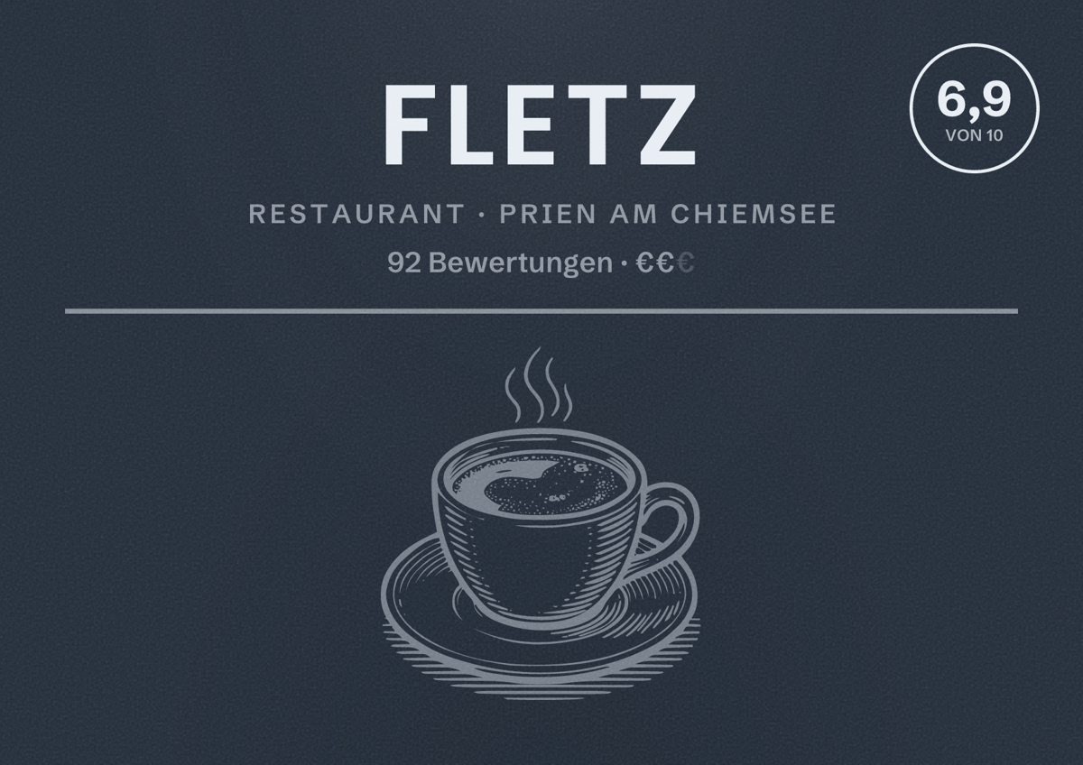Illustriertes Poster von FLETZ, Restaurant in Prien am Chiemsee: Bewertung 6,9 von 10 aus 92 Bewertungen, Preisniveau €€