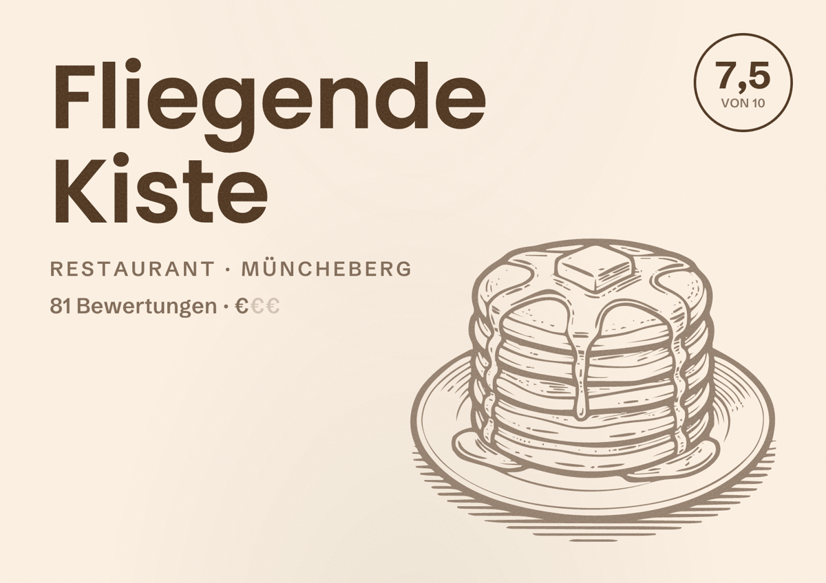 Illustriertes Poster von Fliegende Kiste, Restaurant in Müncheberg: Bewertung 7,5 von 10 aus 81 Bewertungen, Preisniveau €
