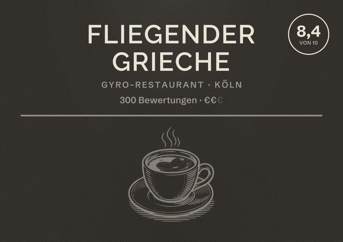 Illustriertes Poster von Fliegender Grieche, Gyro-Restaurant in Köln: Bewertung 8,4 von 10 aus 300 Bewertungen, Preisniveau €€