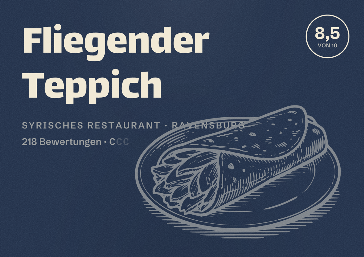 Illustriertes Poster von Fliegender Teppich, Syrisches Restaurant in Ravensburg: Bewertung 8,5 von 10 aus 218 Bewertungen, Preisniveau €