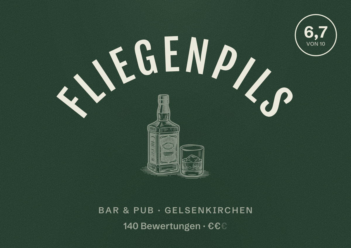 Illustriertes Poster von Fliegenpils, Bar & Pub in Gelsenkirchen: Bewertung 6,7 von 10 aus 140 Bewertungen, Preisniveau €€