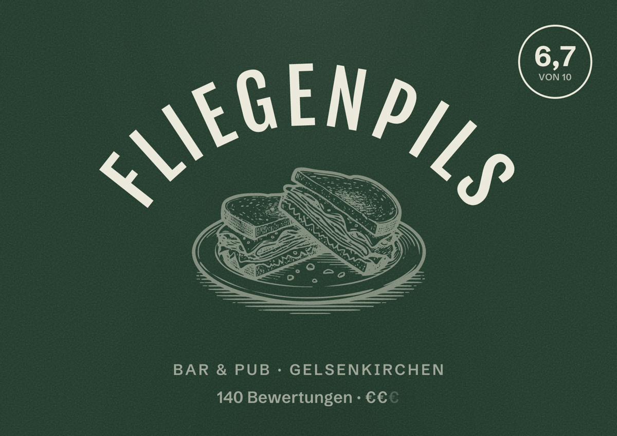 Illustriertes Poster von Fliegenpils, Bar & Pub in Gelsenkirchen: Bewertung 6,7 von 10 aus 140 Bewertungen, Preisniveau €€