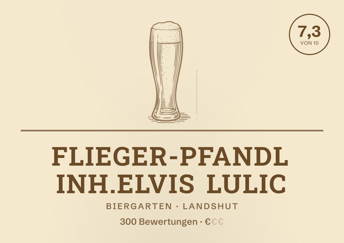 Illustriertes Poster von Flieger-Pfandl Inh.Elvis Lulic, Biergarten in Landshut: Bewertung 7,3 von 10 aus 300 Bewertungen, Preisniveau €