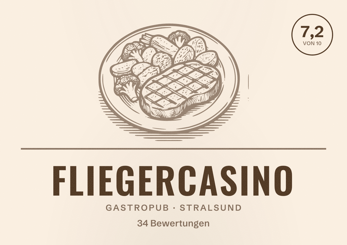 Illustriertes Poster von Fliegercasino, Gastropub in Stralsund: Bewertung 7,2 von 10 aus 34 Bewertungen