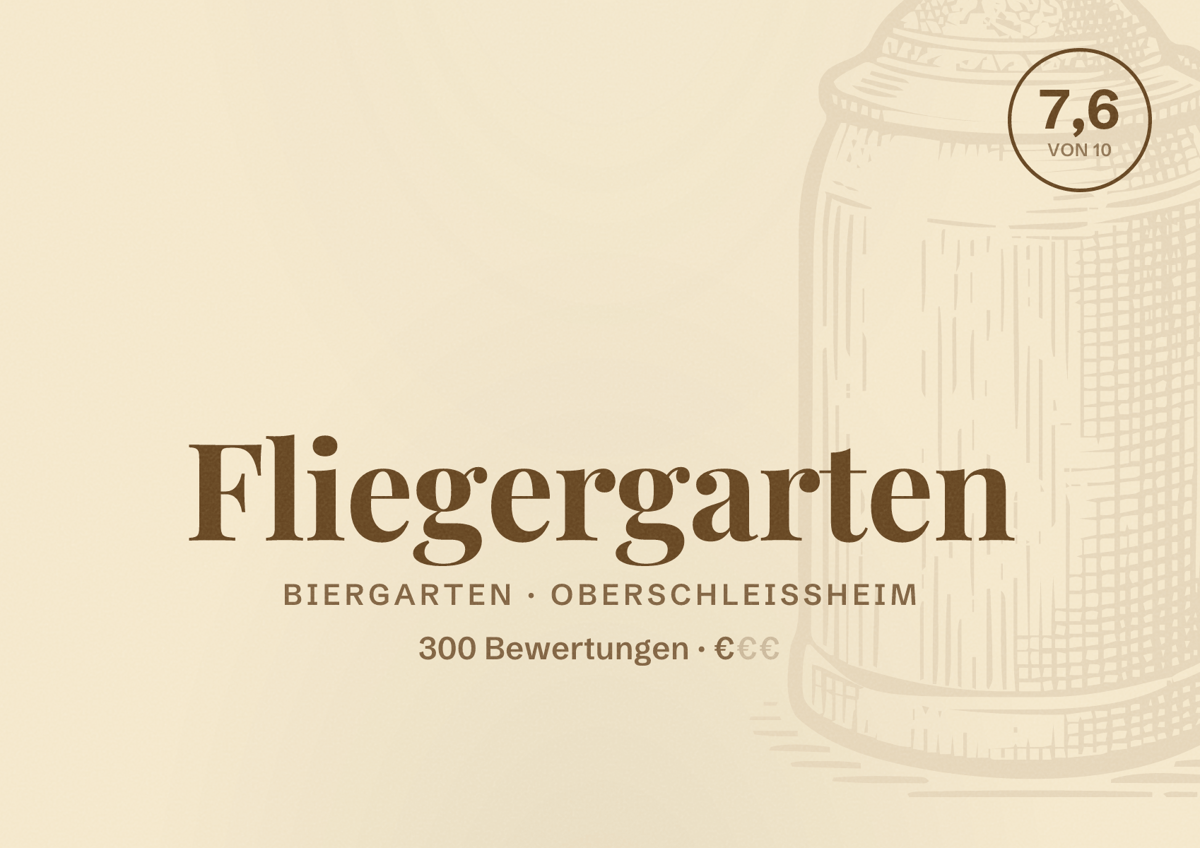 Illustriertes Poster von Fliegergarten, Biergarten in Oberschleißheim: Bewertung 7,6 von 10 aus 300 Bewertungen, Preisniveau €