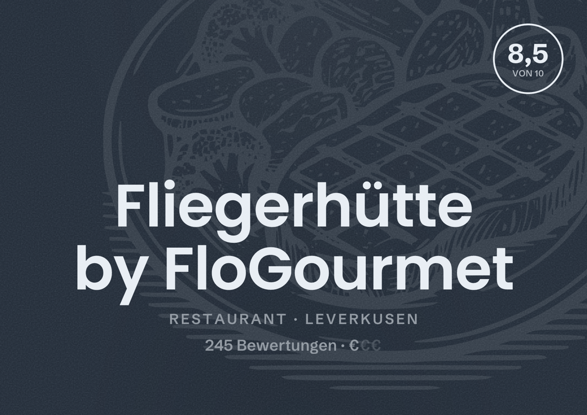 Illustriertes Poster von Fliegerhütte by FloGourmet, Restaurant in Leverkusen: Bewertung 8,5 von 10 aus 245 Bewertungen, Preisniveau €