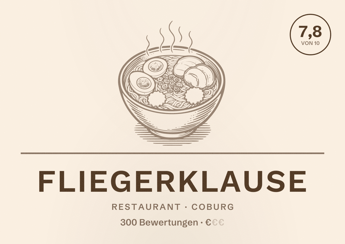 Illustriertes Poster von Fliegerklause, Restaurant in Coburg: Bewertung 7,8 von 10 aus 300 Bewertungen, Preisniveau €