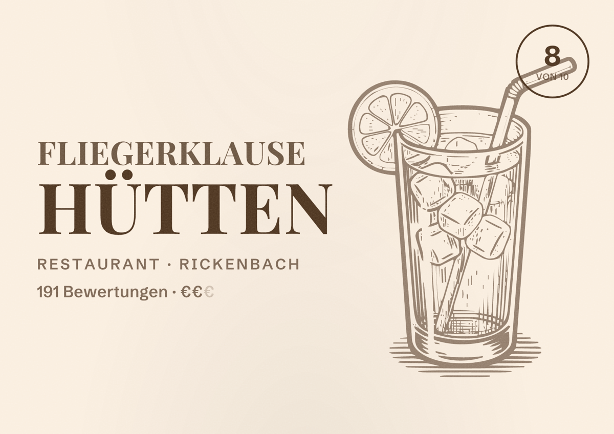 Illustriertes Poster von Fliegerklause Hütten, Restaurant in Rickenbach: Bewertung 8 von 10 aus 191 Bewertungen, Preisniveau €€