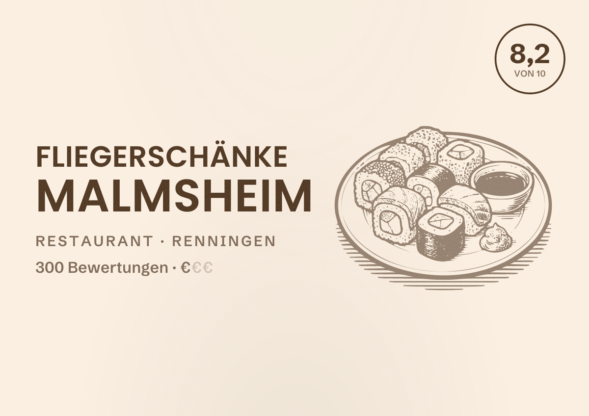 Illustriertes Poster von Fliegerschänke Malmsheim, Restaurant in Renningen: Bewertung 8,2 von 10 aus 300 Bewertungen, Preisniveau €