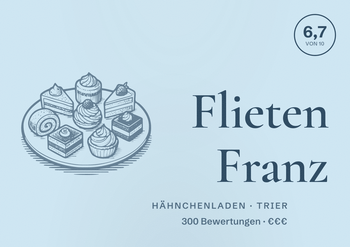 Illustriertes Poster von Flieten Franz, Hähnchenladen in Trier: Bewertung 6,7 von 10 aus 300 Bewertungen, Preisniveau €€€