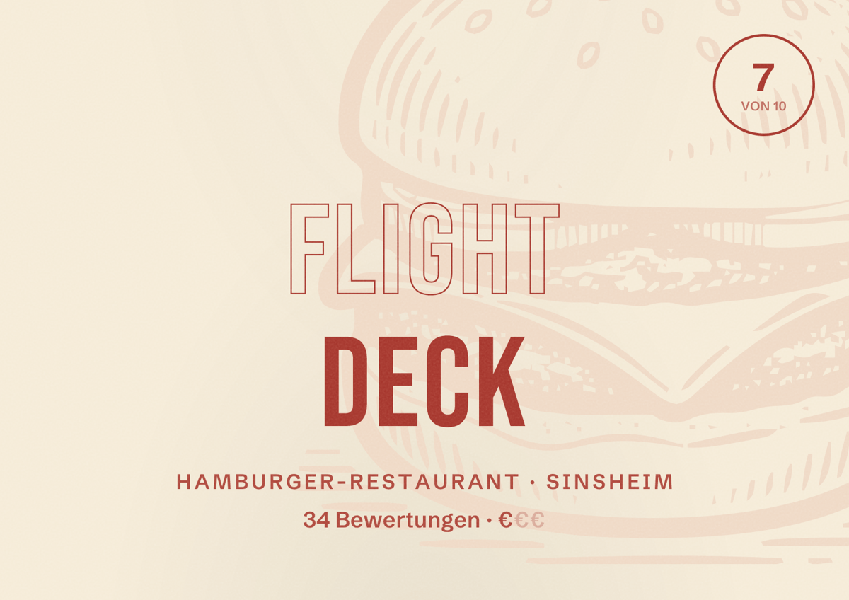 Illustriertes Poster von Flight Deck, Hamburger-Restaurant in Sinsheim: Bewertung 7 von 10 aus 34 Bewertungen, Preisniveau €