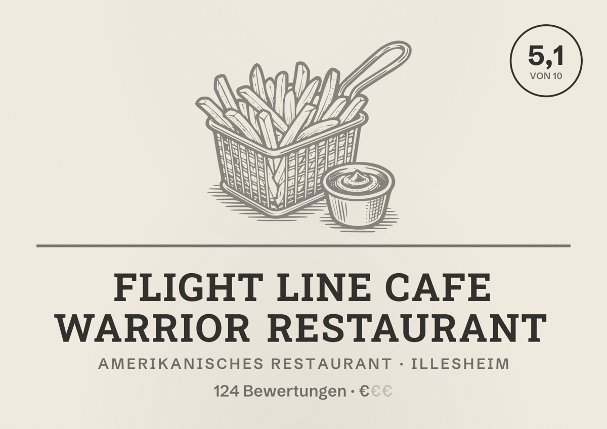 Illustriertes Poster von Flight Line Cafe Warrior Restaurant, Amerikanisches Restaurant in Illesheim: Bewertung 5,1 von 10 aus 124 Bewertungen, Preisniveau €