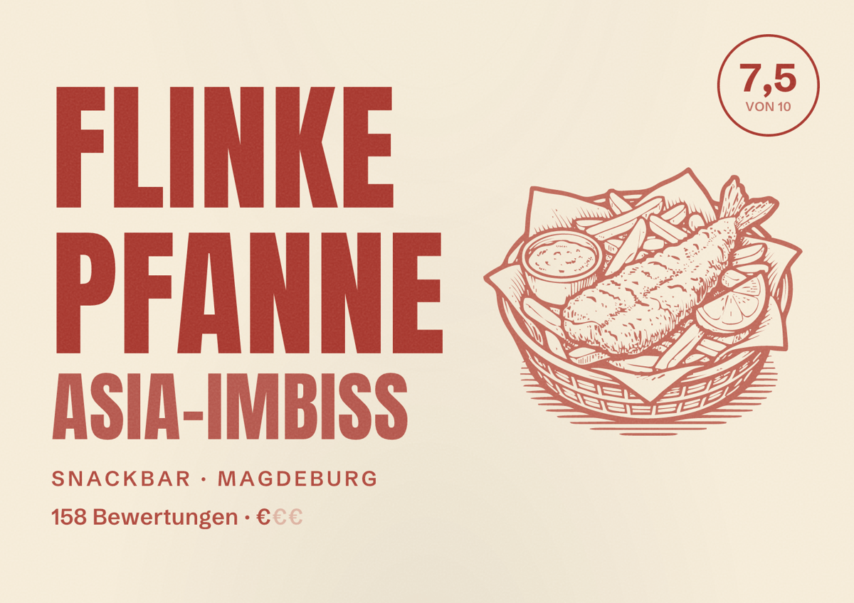 Illustriertes Poster von Flinke Pfanne Asia-imbiss, Snackbar in Magdeburg: Bewertung 7,5 von 10 aus 158 Bewertungen, Preisniveau €