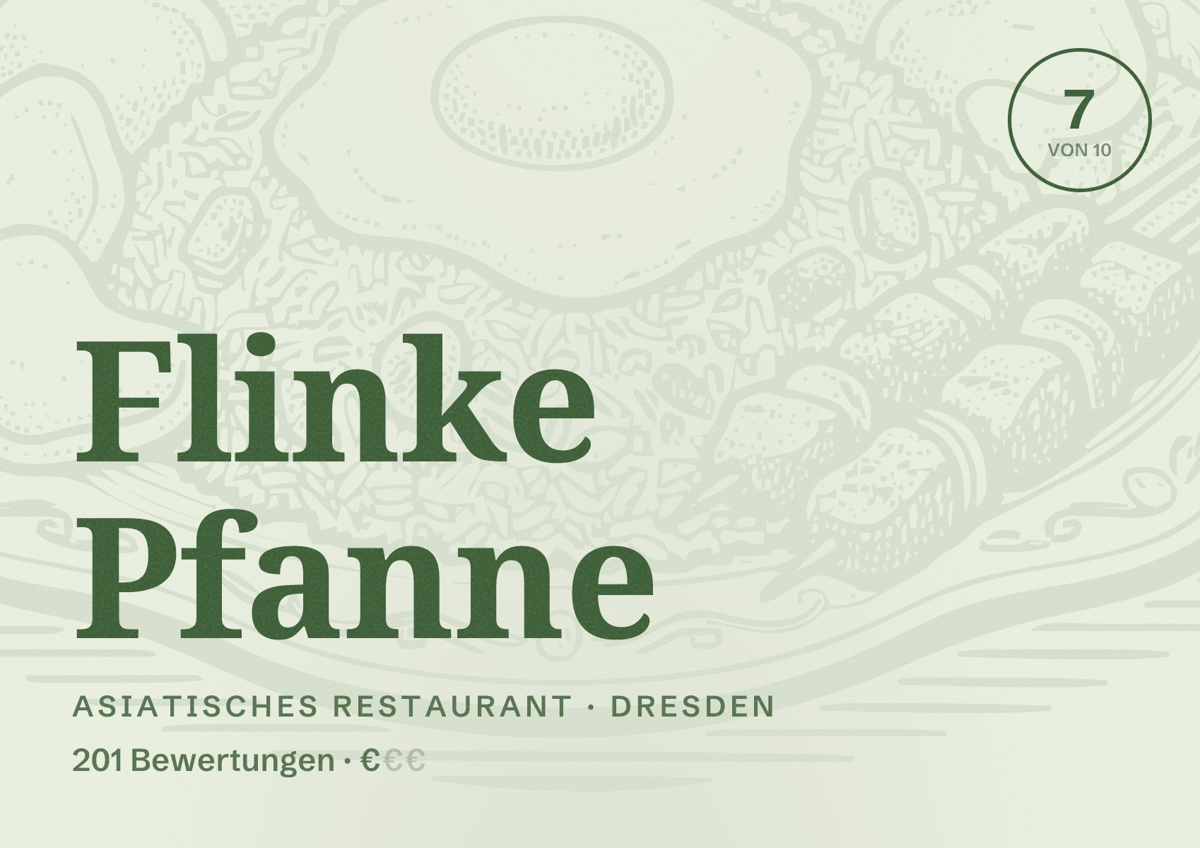 Illustriertes Poster von Flinke Pfanne, Asiatisches Restaurant in Dresden: Bewertung 7,0 von 10 aus 201 Bewertungen, Preisniveau €