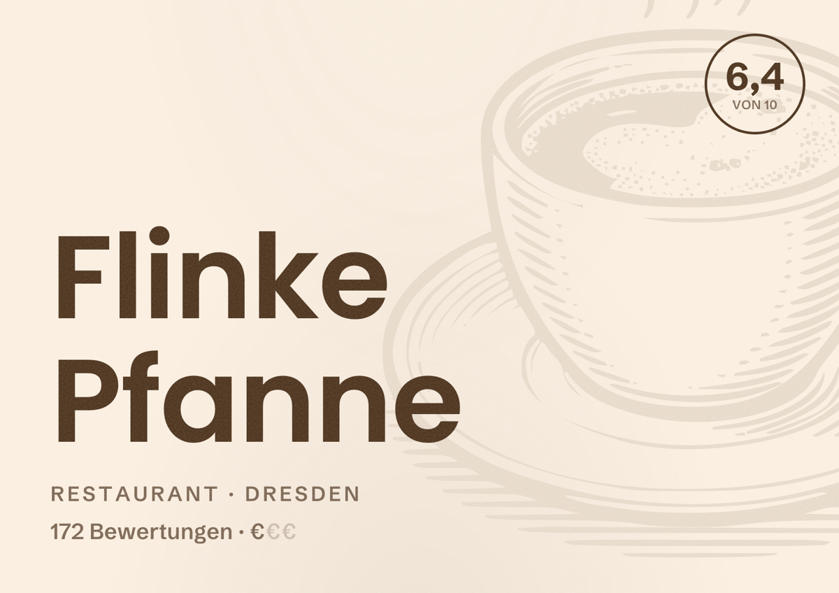 Illustriertes Poster von Flinke Pfanne, Restaurant in Dresden: Bewertung 6,4 von 10 aus 172 Bewertungen, Preisniveau €