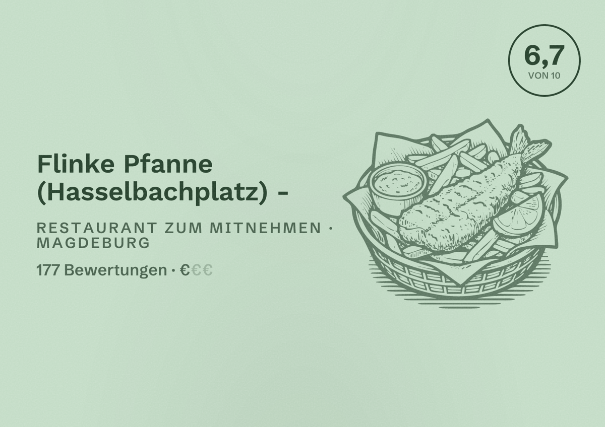 Illustriertes Poster von Flinke Pfanne (Hasselbachplatz) -, Restaurant zum Mitnehmen in Magdeburg: Bewertung 6,7 von 10 aus 177 Bewertungen, Preisniveau €