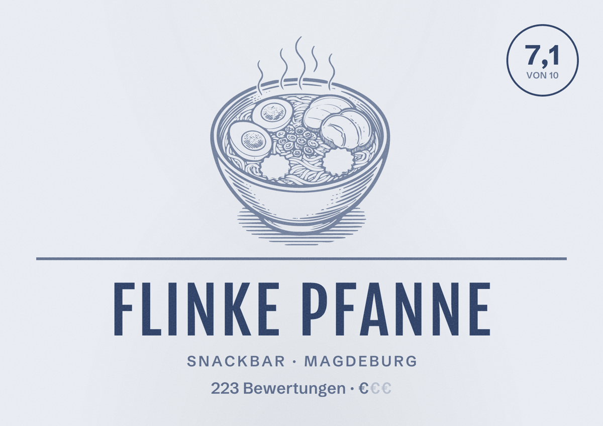 Illustriertes Poster von Flinke Pfanne, Snackbar in Magdeburg: Bewertung 7,1 von 10 aus 223 Bewertungen, Preisniveau €