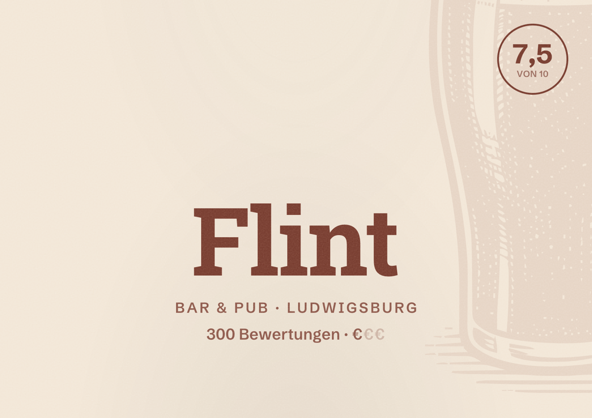 Illustriertes Poster von Flint, Bar & Pub in Ludwigsburg: Bewertung 7,5 von 10 aus 300 Bewertungen, Preisniveau €