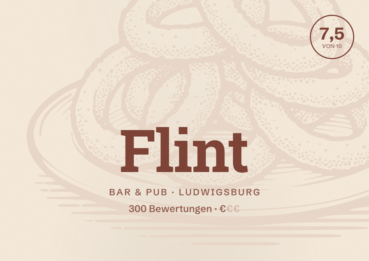 Illustriertes Poster von Flint, Bar & Pub in Ludwigsburg: Bewertung 7,5 von 10 aus 300 Bewertungen, Preisniveau €
