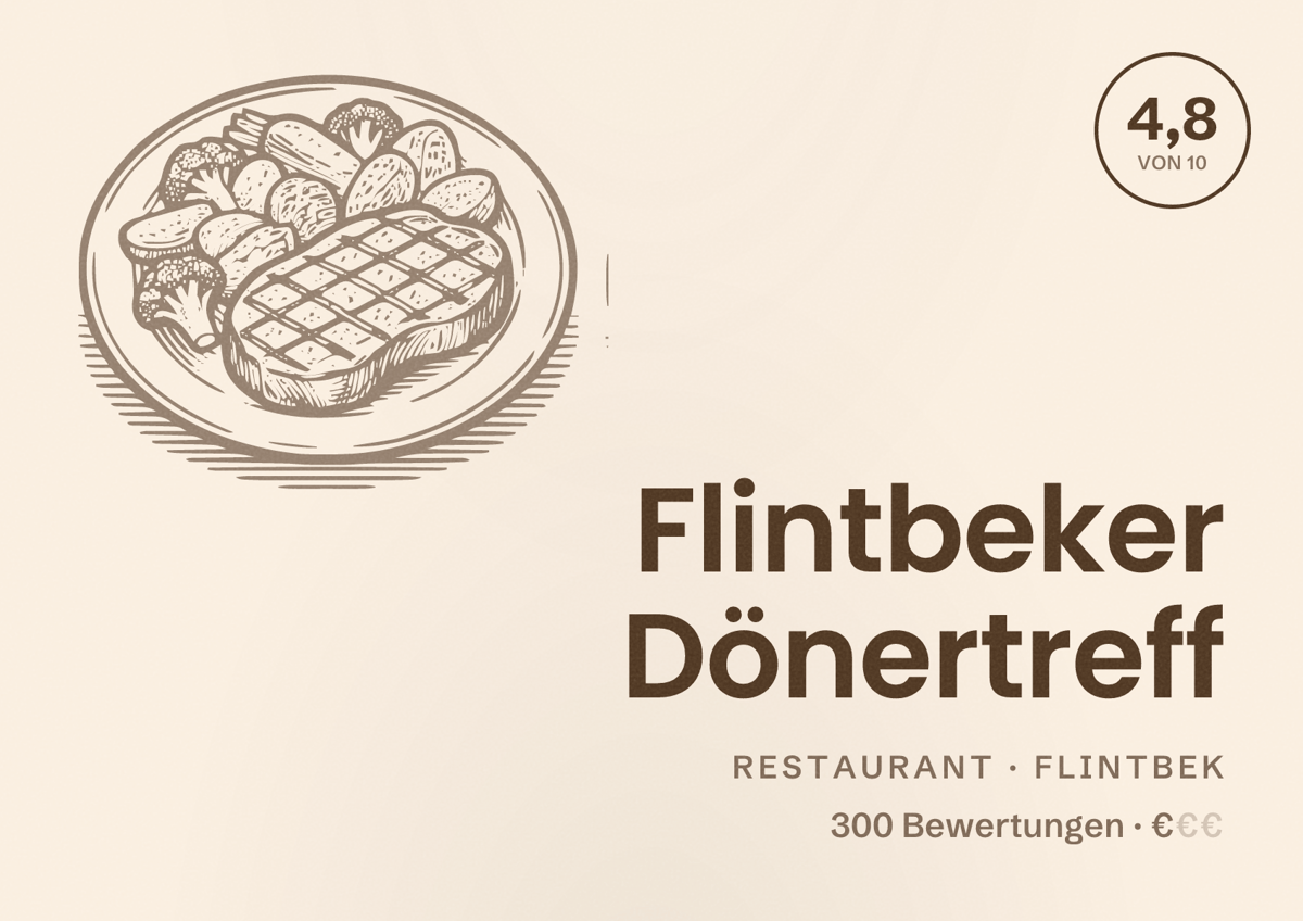 Illustriertes Poster von Flintbeker Dönertreff, Restaurant in Flintbek: Bewertung 4,8 von 10 aus 300 Bewertungen, Preisniveau €