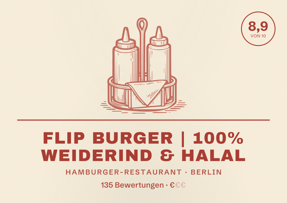 Illustriertes Poster von Flip Burger | 100% Weiderind & Halal, Hamburger-Restaurant in Berlin: Bewertung 8,9 von 10 aus 135 Bewertungen, Preisniveau €