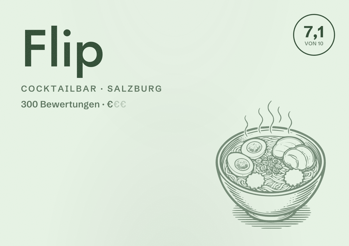 Illustriertes Poster von Flip, Cocktailbar in Salzburg: Bewertung 7,1 von 10 aus 300 Bewertungen, Preisniveau €