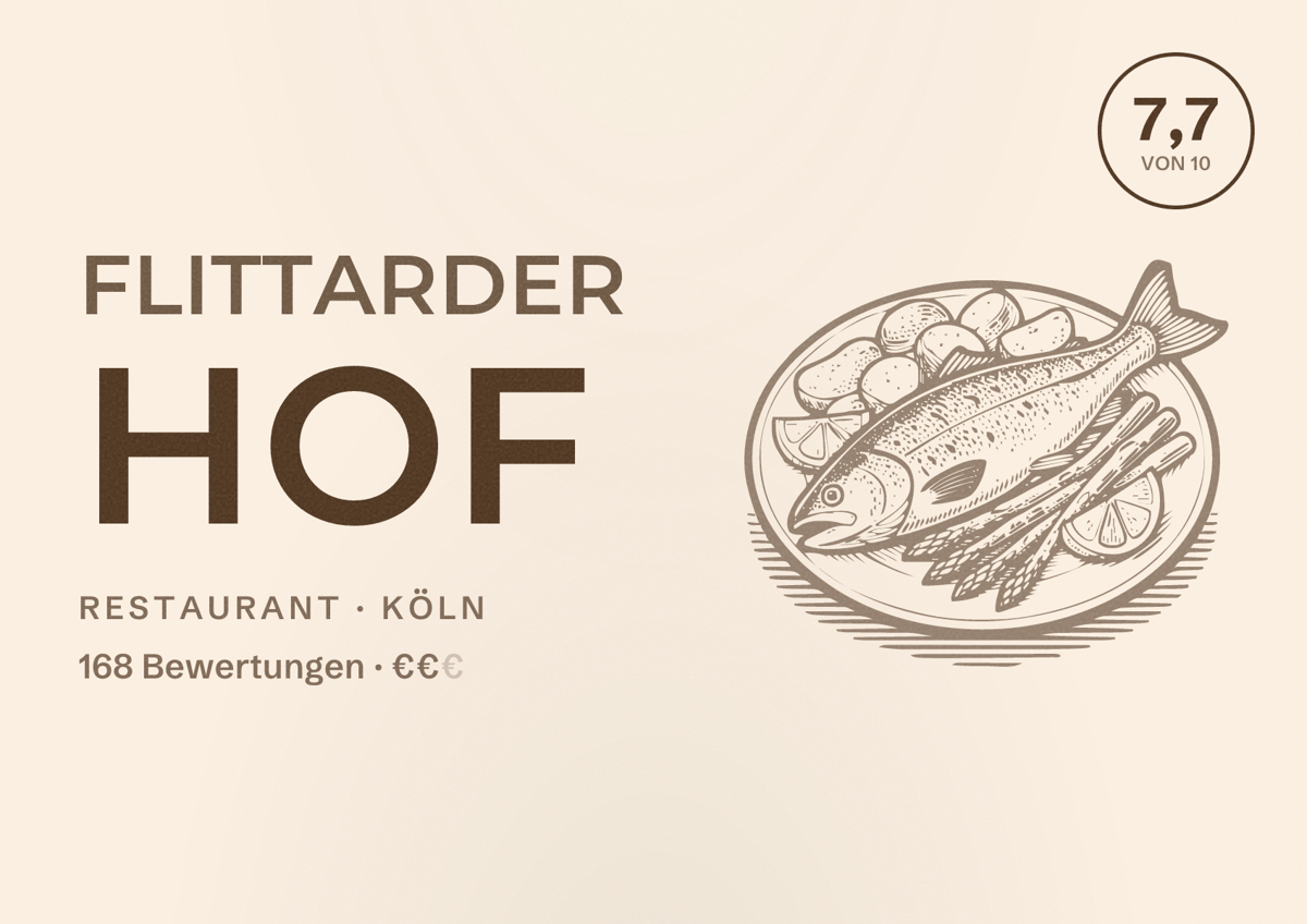 Illustriertes Poster von Flittarder Hof, Restaurant in Köln: Bewertung 7,7 von 10 aus 168 Bewertungen, Preisniveau €€