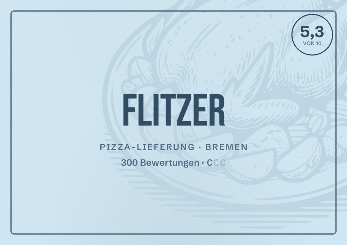 Illustriertes Poster von Flitzer, Pizza-Lieferung in Bremen: Bewertung 5,3 von 10 aus 300 Bewertungen, Preisniveau €