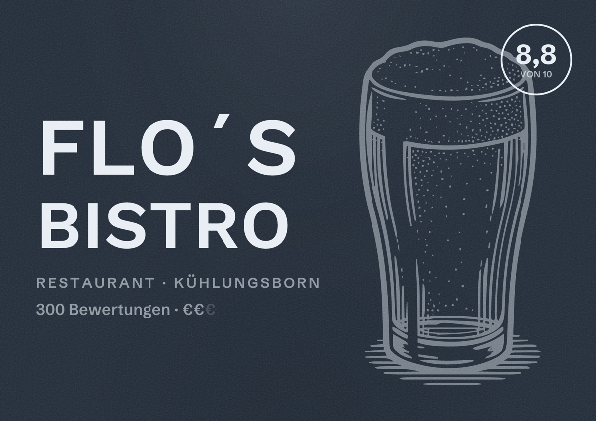 Illustriertes Poster von Flo´s Bistro, Restaurant in Kühlungsborn: Bewertung 8,8 von 10 aus 300 Bewertungen, Preisniveau €€