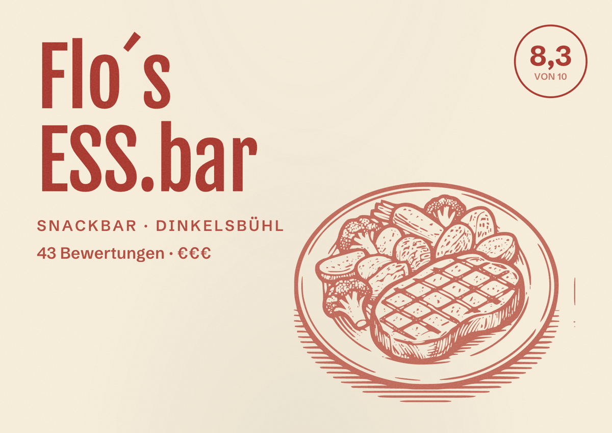 Illustriertes Poster von Flo´s ESS.bar, Snackbar in Dinkelsbühl: Bewertung 8,3 von 10 aus 43 Bewertungen, Preisniveau €€€