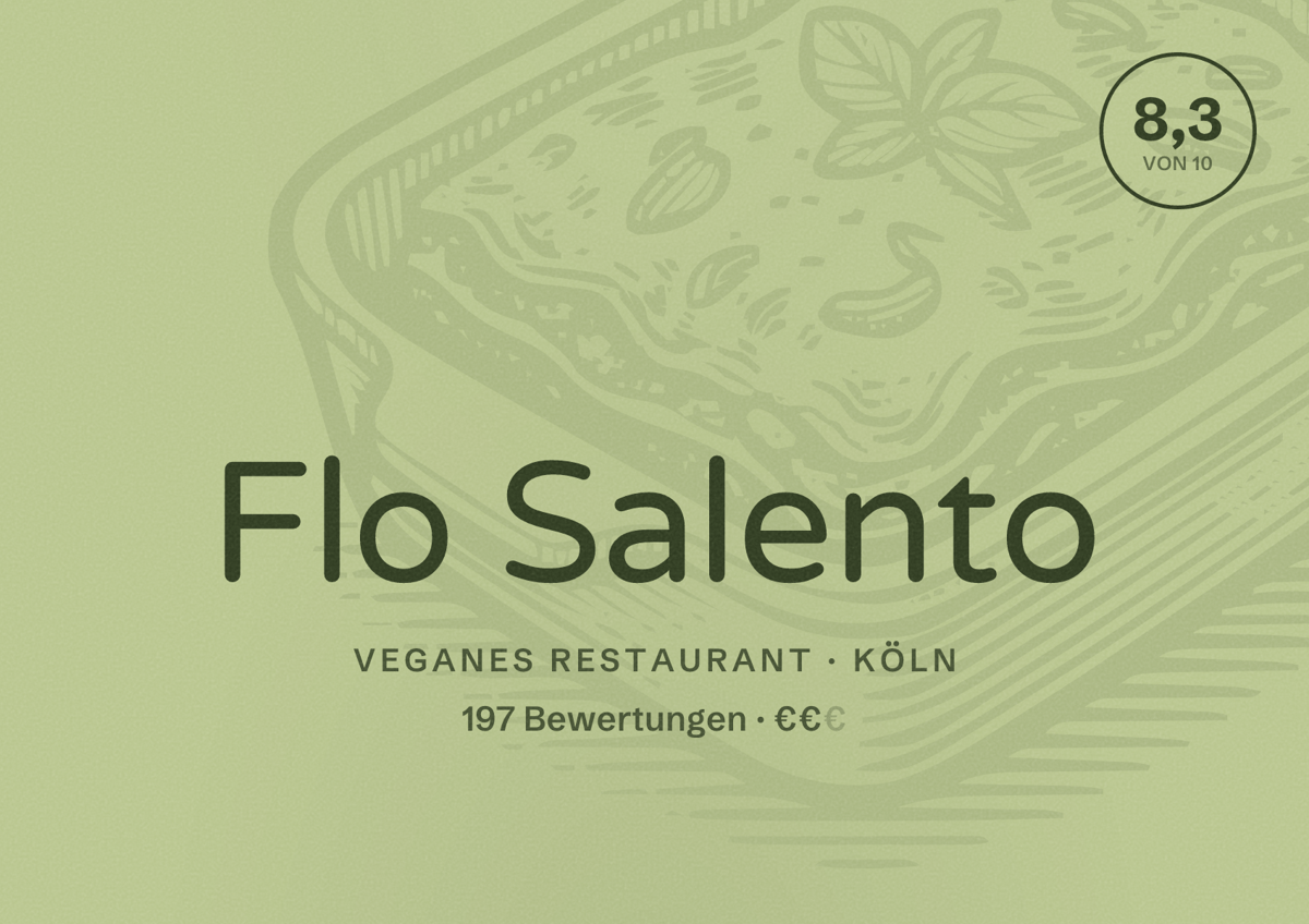 Illustriertes Poster von Flo Salento, Veganes Restaurant in Köln: Bewertung 8,3 von 10 aus 197 Bewertungen, Preisniveau €€