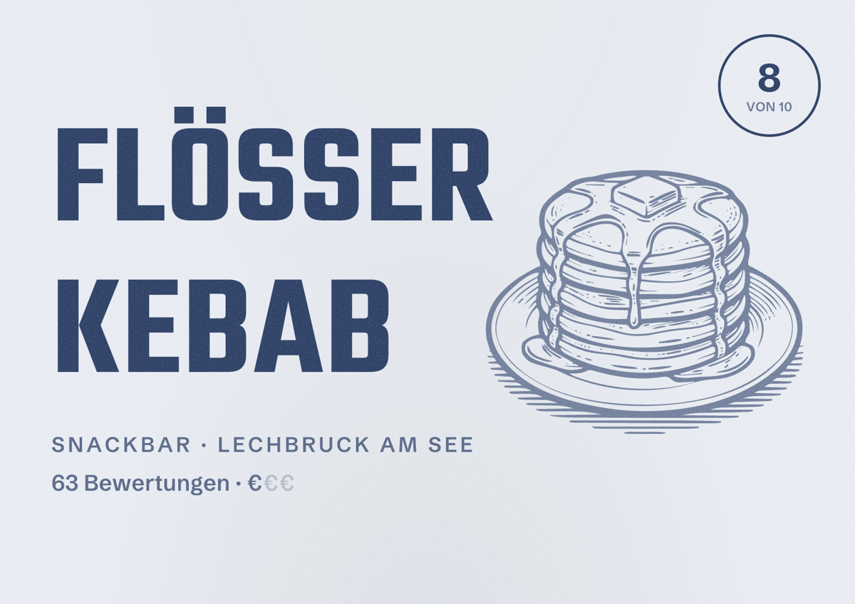 Illustriertes Poster von Flößer Kebab, Snackbar in Lechbruck am See: Bewertung 8 von 10 aus 63 Bewertungen, Preisniveau €