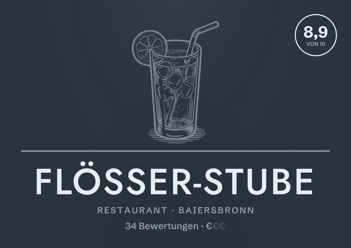 Illustriertes Poster von Flößer-Stube, Restaurant in Baiersbronn: Bewertung 8,9 von 10 aus 34 Bewertungen, Preisniveau €