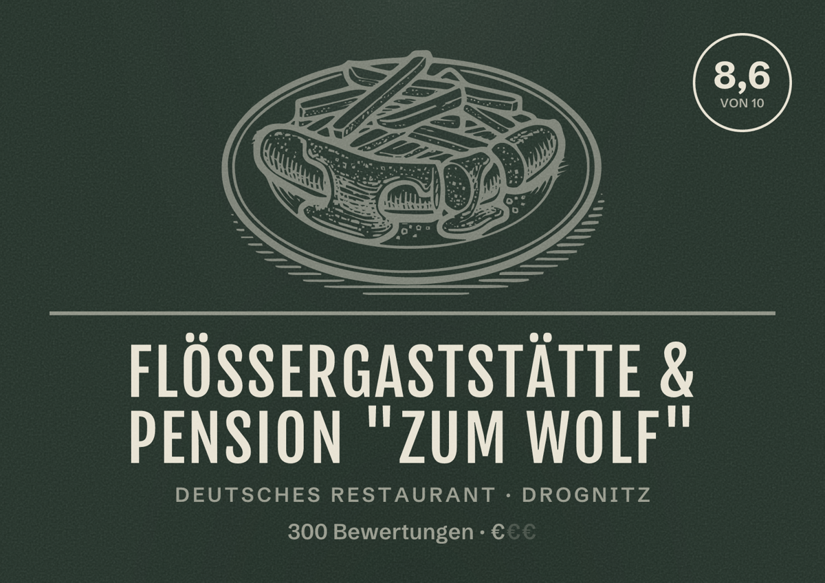 Illustriertes Poster von Flößergaststätte & Pension "Zum Wolf", Deutsches Restaurant in Drognitz: Bewertung 8,6 von 10 aus 300 Bewertungen, Preisniveau €