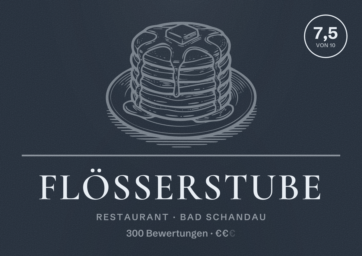 Illustriertes Poster von Flößerstube, Restaurant in Bad Schandau: Bewertung 7,5 von 10 aus 300 Bewertungen, Preisniveau €€