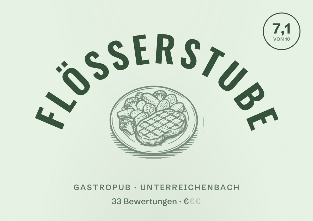 Illustriertes Poster von Flößerstube, Gastropub in Unterreichenbach: Bewertung 7,1 von 10 aus 33 Bewertungen, Preisniveau €