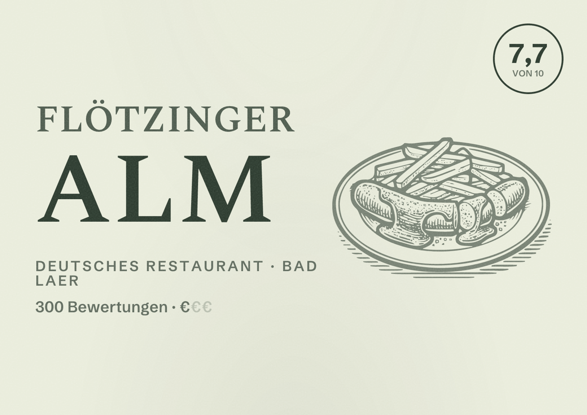 Illustriertes Poster von Flötzinger Alm, Deutsches Restaurant in Bad Laer: Bewertung 7,7 von 10 aus 300 Bewertungen, Preisniveau €