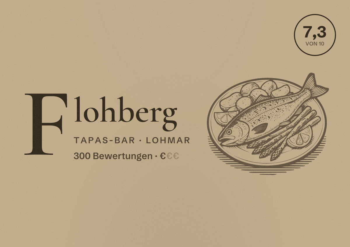 Illustriertes Poster von Flohberg, Tapas-Bar in Lohmar: Bewertung 7,3 von 10 aus 300 Bewertungen, Preisniveau €