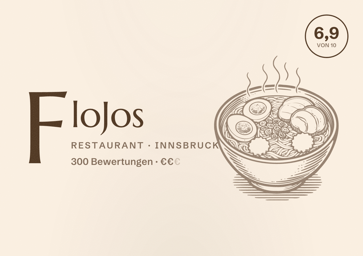 Illustriertes Poster von FloJos, Restaurant in Innsbruck: Bewertung 6,9 von 10 aus 300 Bewertungen, Preisniveau €€