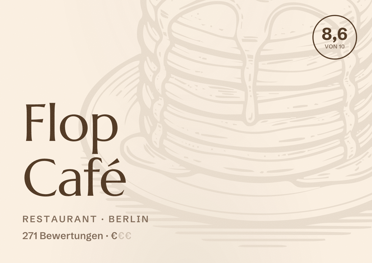 Illustriertes Poster von Flop Café, Restaurant in Berlin: Bewertung 8,6 von 10 aus 271 Bewertungen, Preisniveau €
