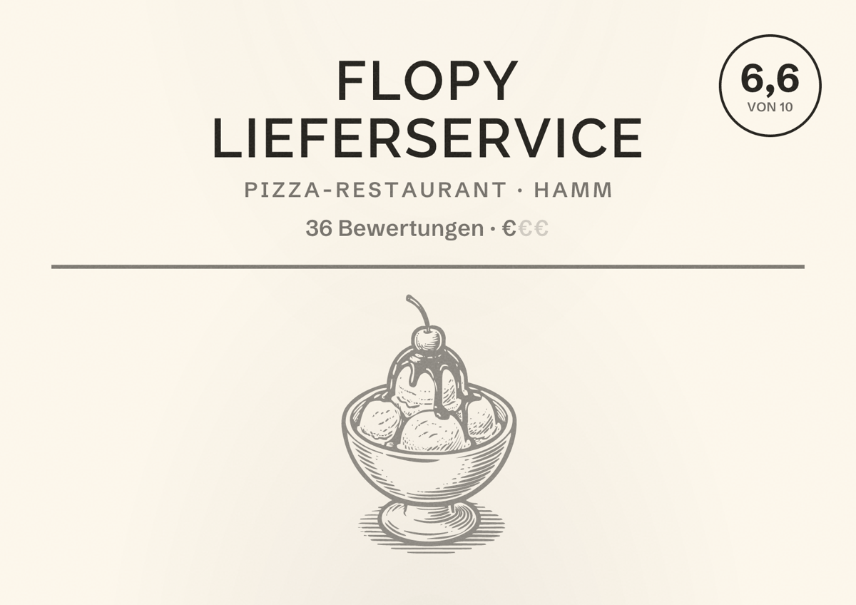 Illustriertes Poster von Flopy Lieferservice, Pizza-Restaurant in Hamm: Bewertung 6,6 von 10 aus 36 Bewertungen, Preisniveau €