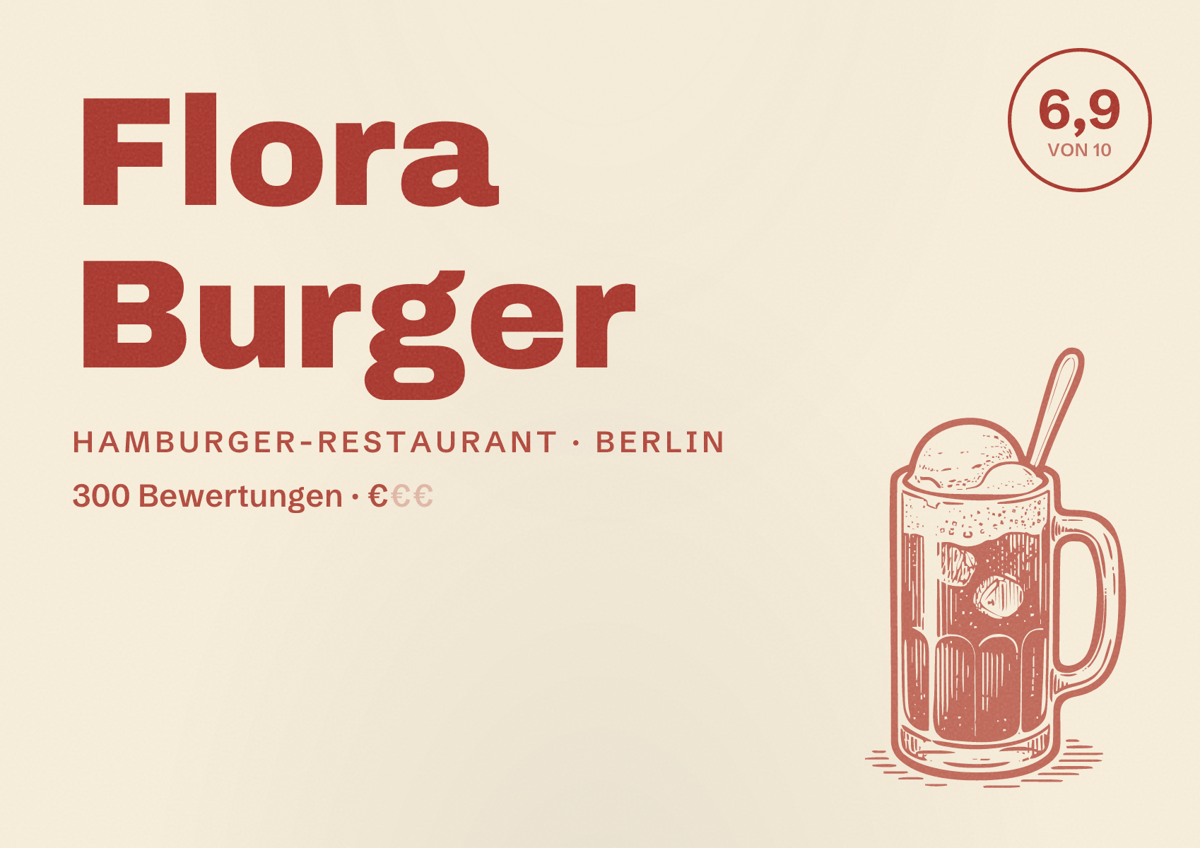Illustriertes Poster von Flora Burger, Hamburger-Restaurant in Berlin: Bewertung 6,9 von 10 aus 300 Bewertungen, Preisniveau €
