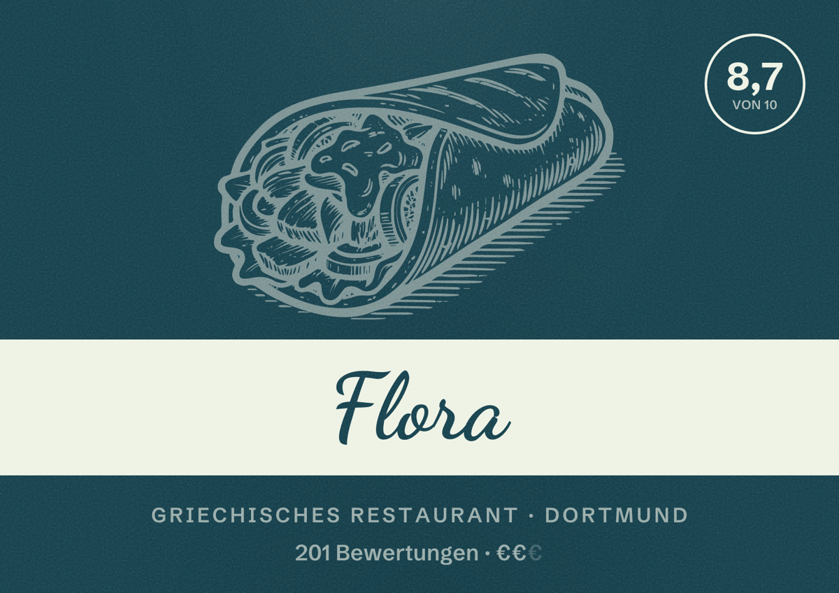 Illustriertes Poster von Flora, Griechisches Restaurant in Dortmund: Bewertung 8,7 von 10 aus 201 Bewertungen, Preisniveau €€