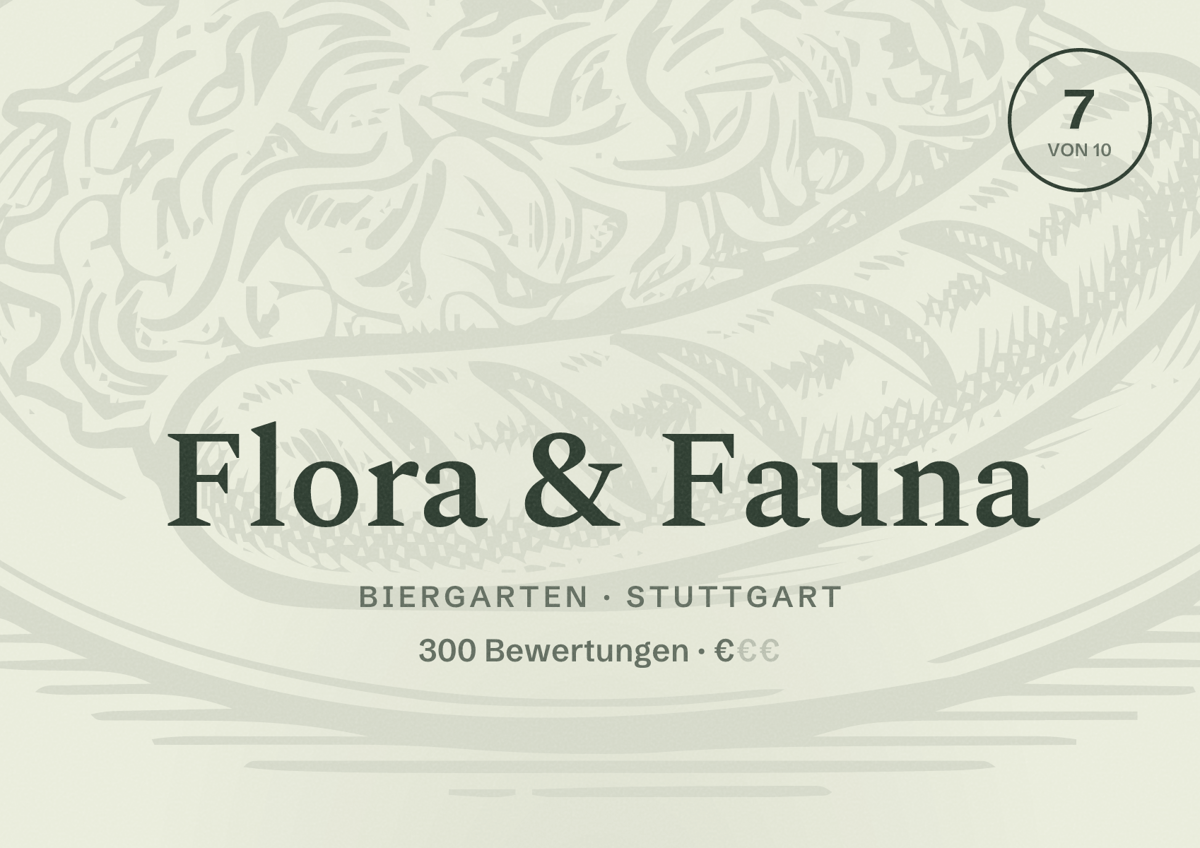 Illustriertes Poster von Flora & Fauna, Biergarten in Stuttgart: Bewertung 7,0 von 10 aus 300 Bewertungen, Preisniveau €