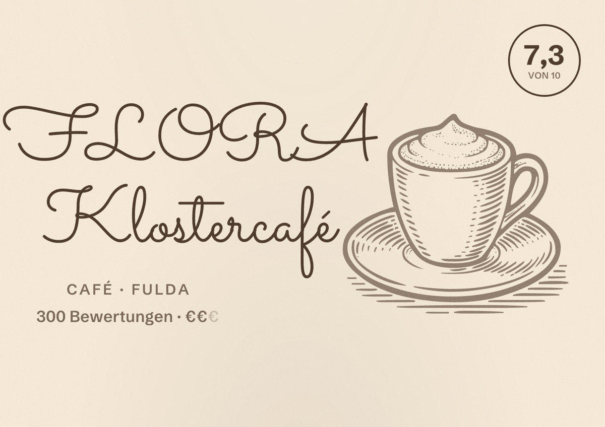 Illustriertes Poster von FLORA Klostercafé, Café in Fulda: Bewertung 7,3 von 10 aus 300 Bewertungen, Preisniveau €€