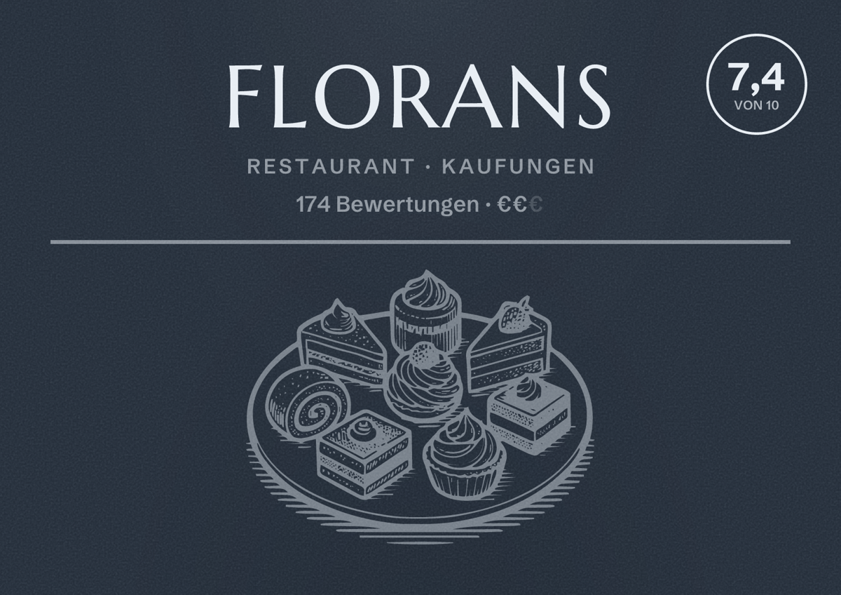 Illustriertes Poster von Florans, Restaurant in Kaufungen: Bewertung 7,4 von 10 aus 174 Bewertungen, Preisniveau €€