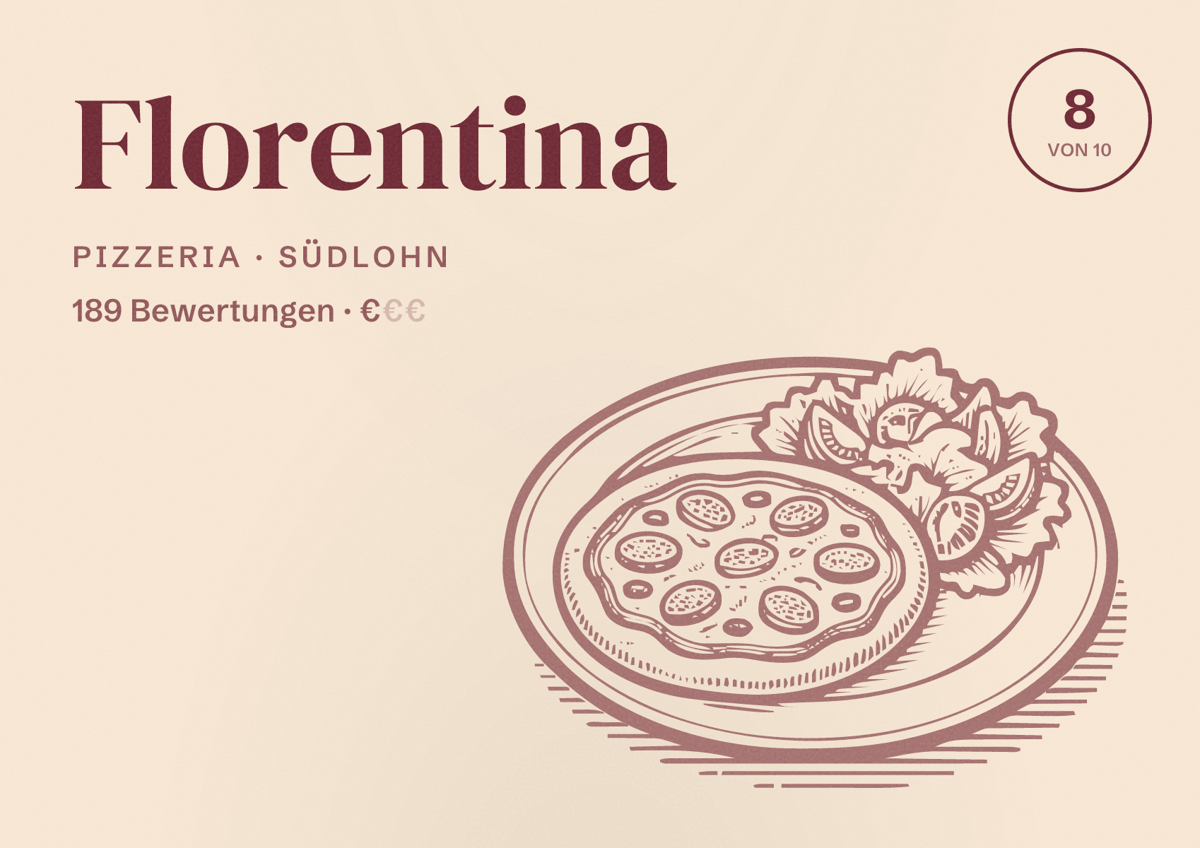Illustriertes Poster von Florentina, Pizzeria in Südlohn: Bewertung 8,0 von 10 aus 189 Bewertungen, Preisniveau €
